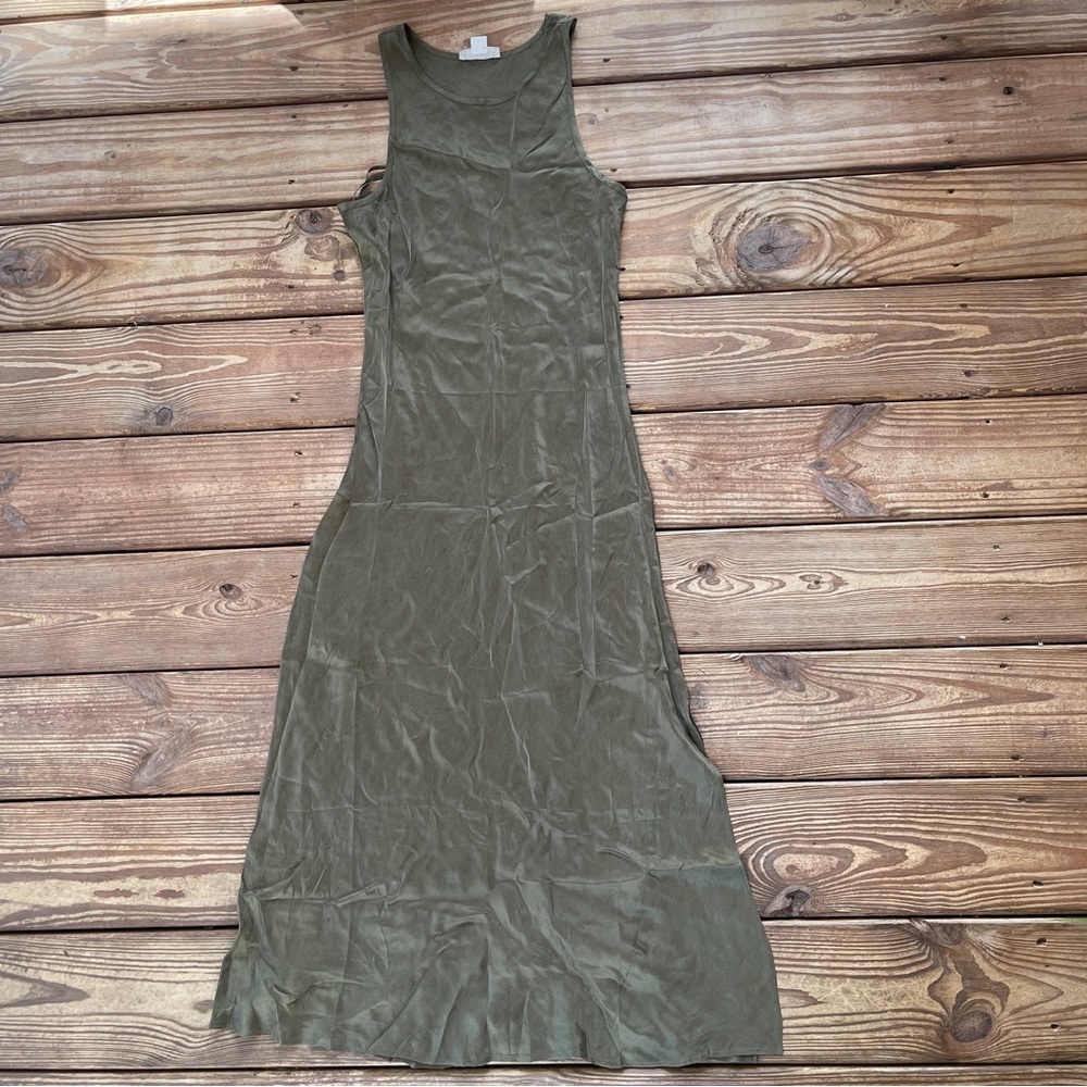 Outerknown “Ellison” Olive Green Cupro Maxi Slip Dress Sleeveless Size Small